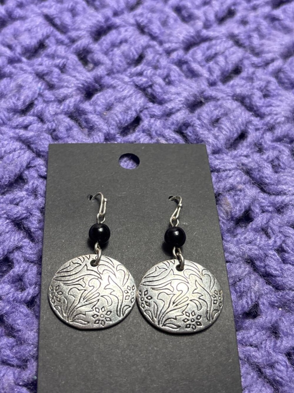Lia Sophia Outlaw Dangle Earrings Silvertone Floral Black Bead 1.5 inches